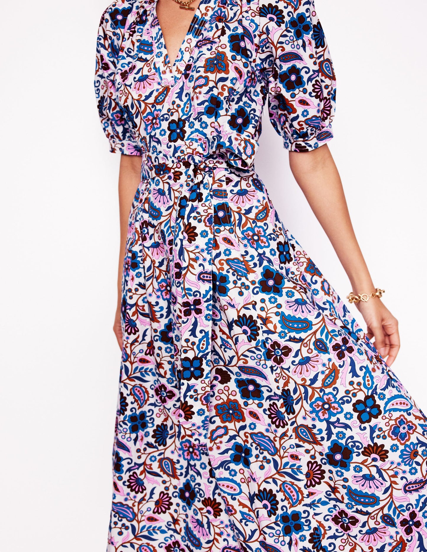 Cotton Puff Sleeve Midi Dress-Multi, Oriental Paradise