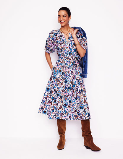 Cotton Puff Sleeve Midi Dress-Multi, Oriental Paradise