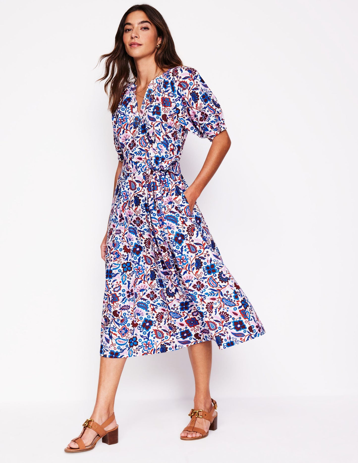 Bria Puff Sleeve Midi Dress-Multi, Oriental Paradise
