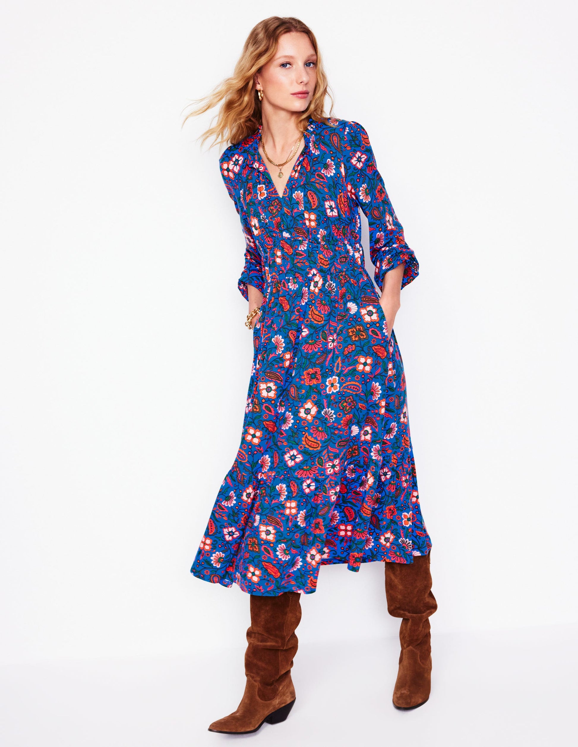 Rosamund Jersey Midi Tea Dress-Blue,Oriental Paradise-1