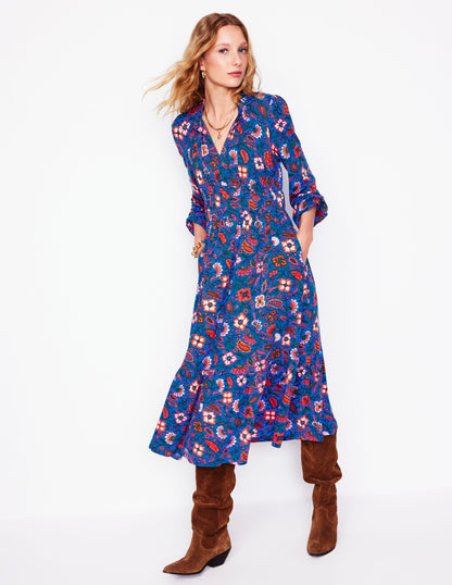Rosamund Jersey Midi Tea Dress-Blue,Oriental Paradise-1