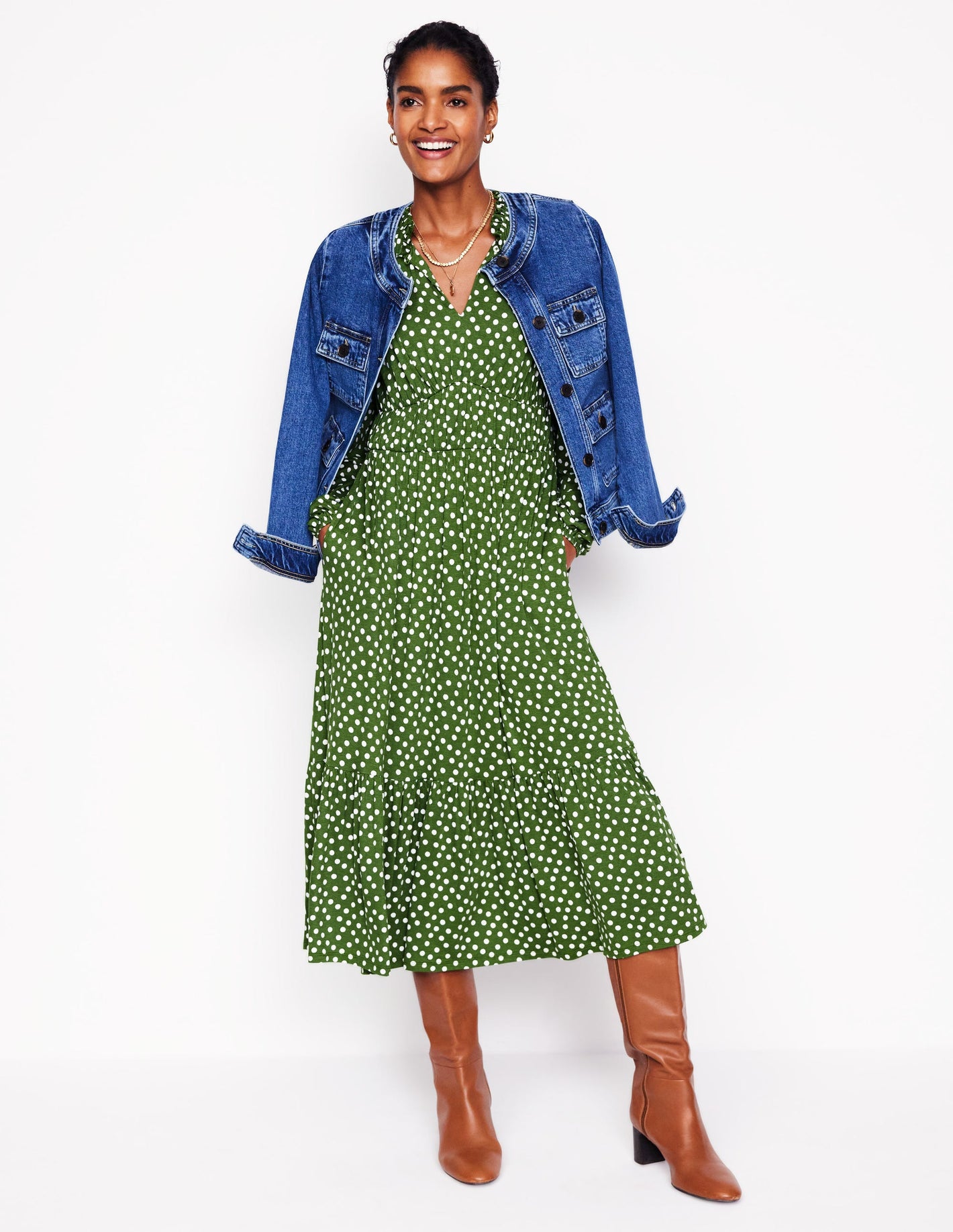 Rosamund Jersey Midi Tea Dress-Iguana Green, Abstract Dot