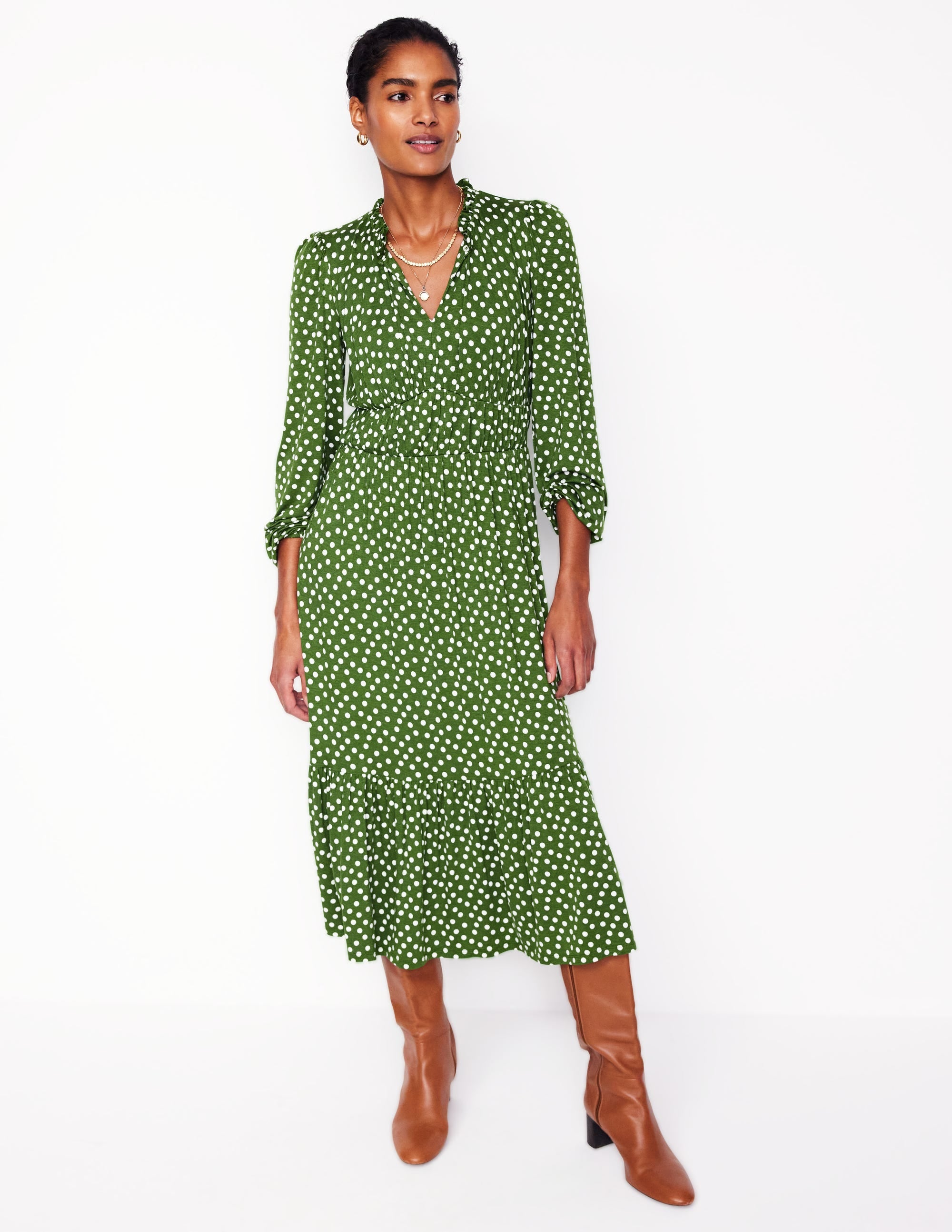 Rosamund Jersey Midi Tea Dress-Paradise Green, Abstract Dot - Image 4