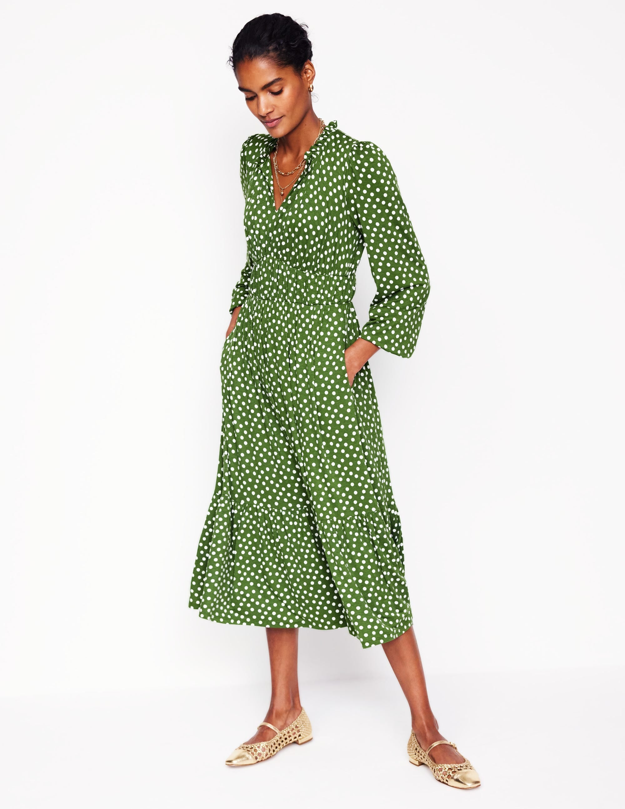 Rosamund Jersey Midi Tea Dress-Paradise Green, Abstract Dot - Image 6