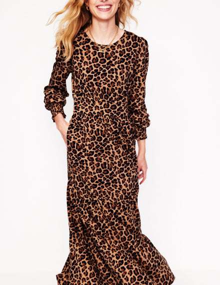 Tabitha Tiered Jersey Dress-Camel and Black, Cheetah Pop