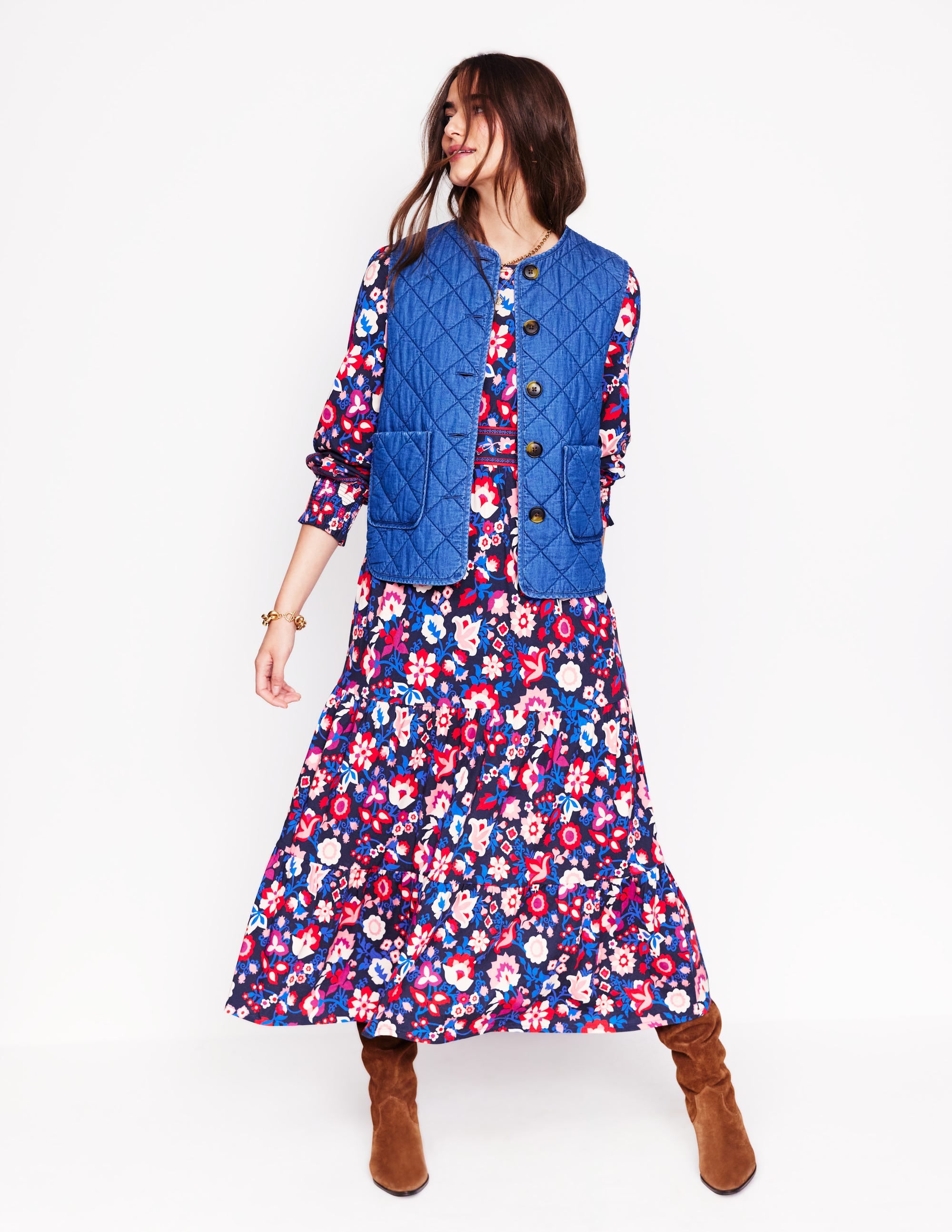 Tabitha Tiered Jersey Dress-College Navy, Garden Vine - Image 5