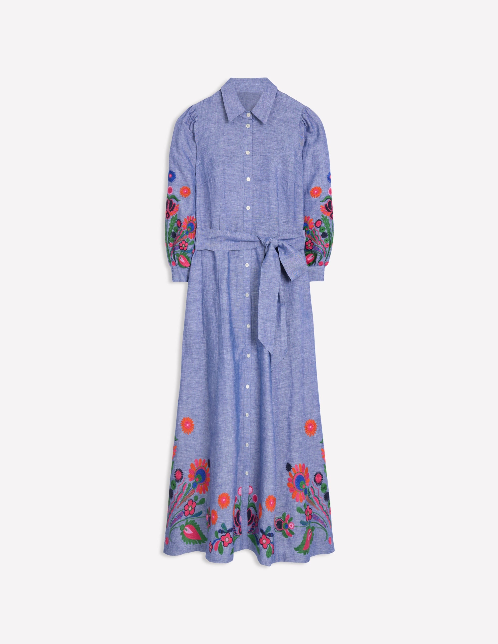Clara Linen Blend Shirt Dress-Blue Chambray, Embroidered - Image 7