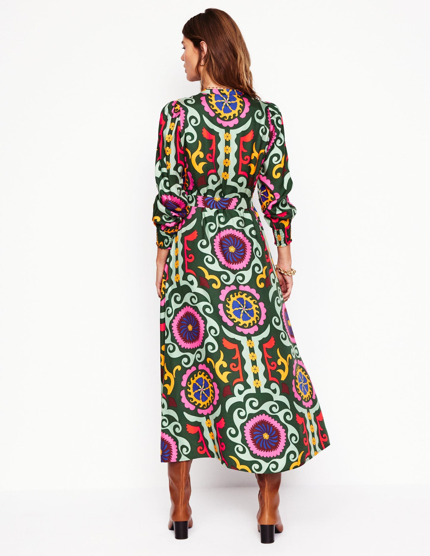 Ruby Collarless Shirt Dress-Green, Ornamental Wave