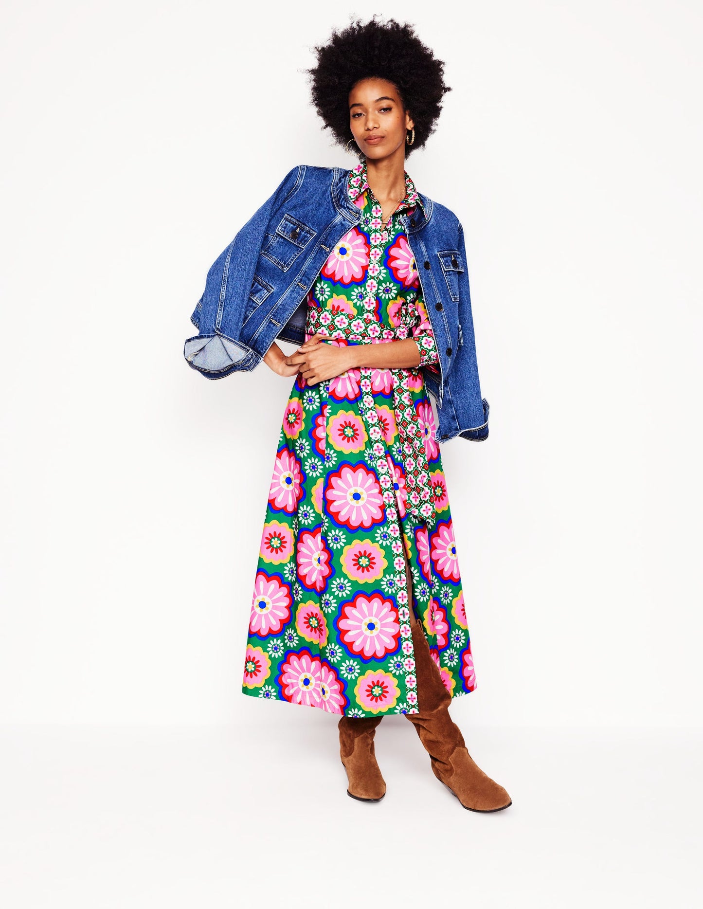 Clara Cotton Shirt Dress-Multi, Flower Tile