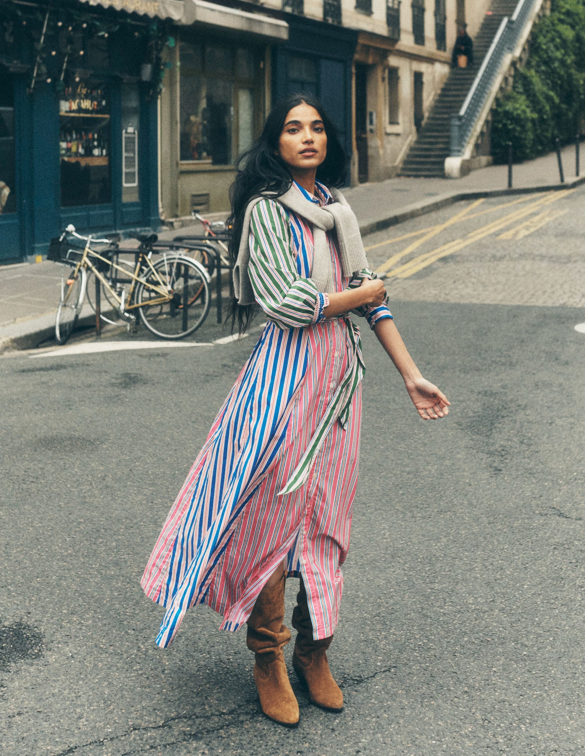 Clara Cotton Shirt Dress-Pink Rose, Red Stripe - Image 2