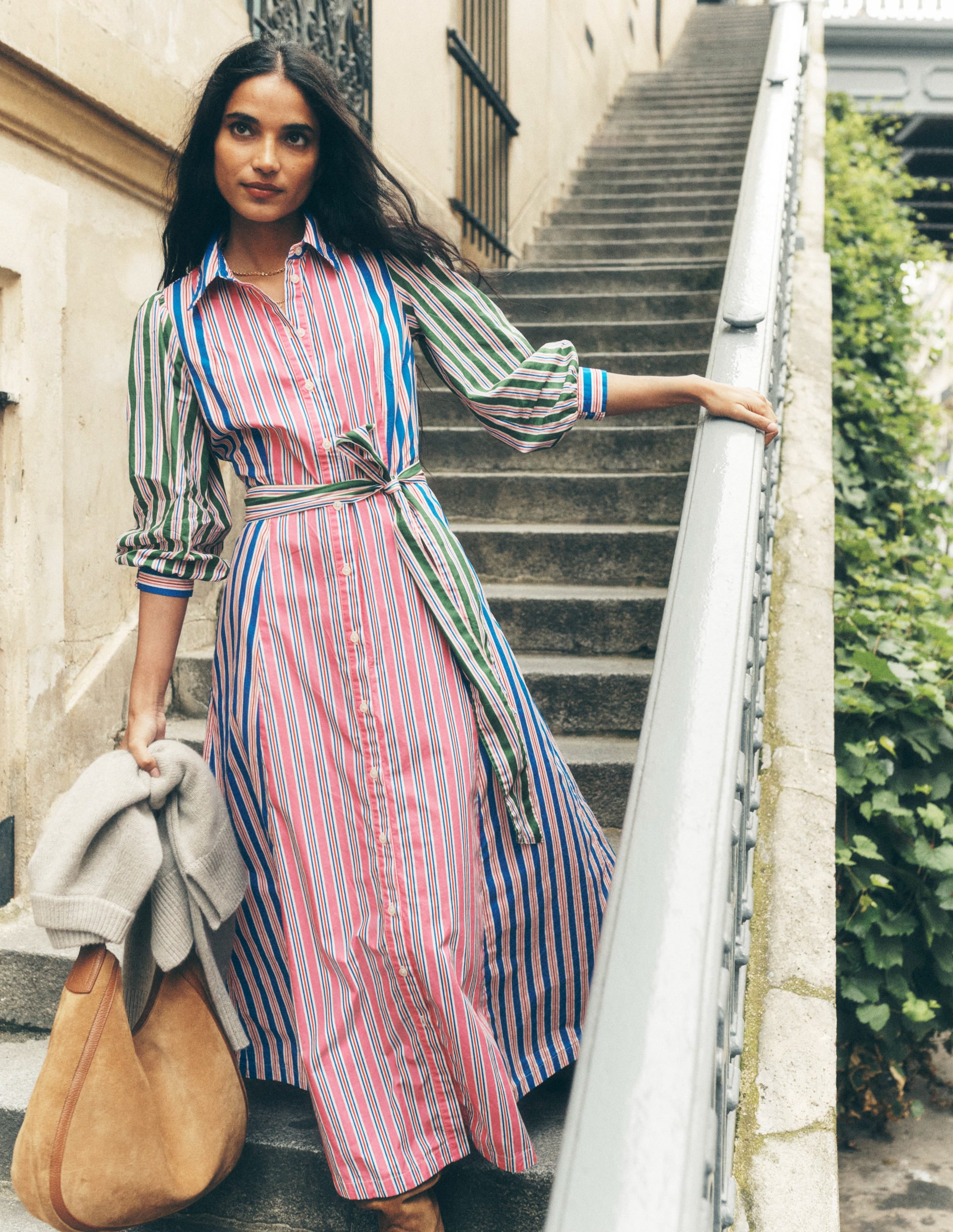 Clara Cotton Shirt Dress-Pink Rose, Red Stripe - Image 3