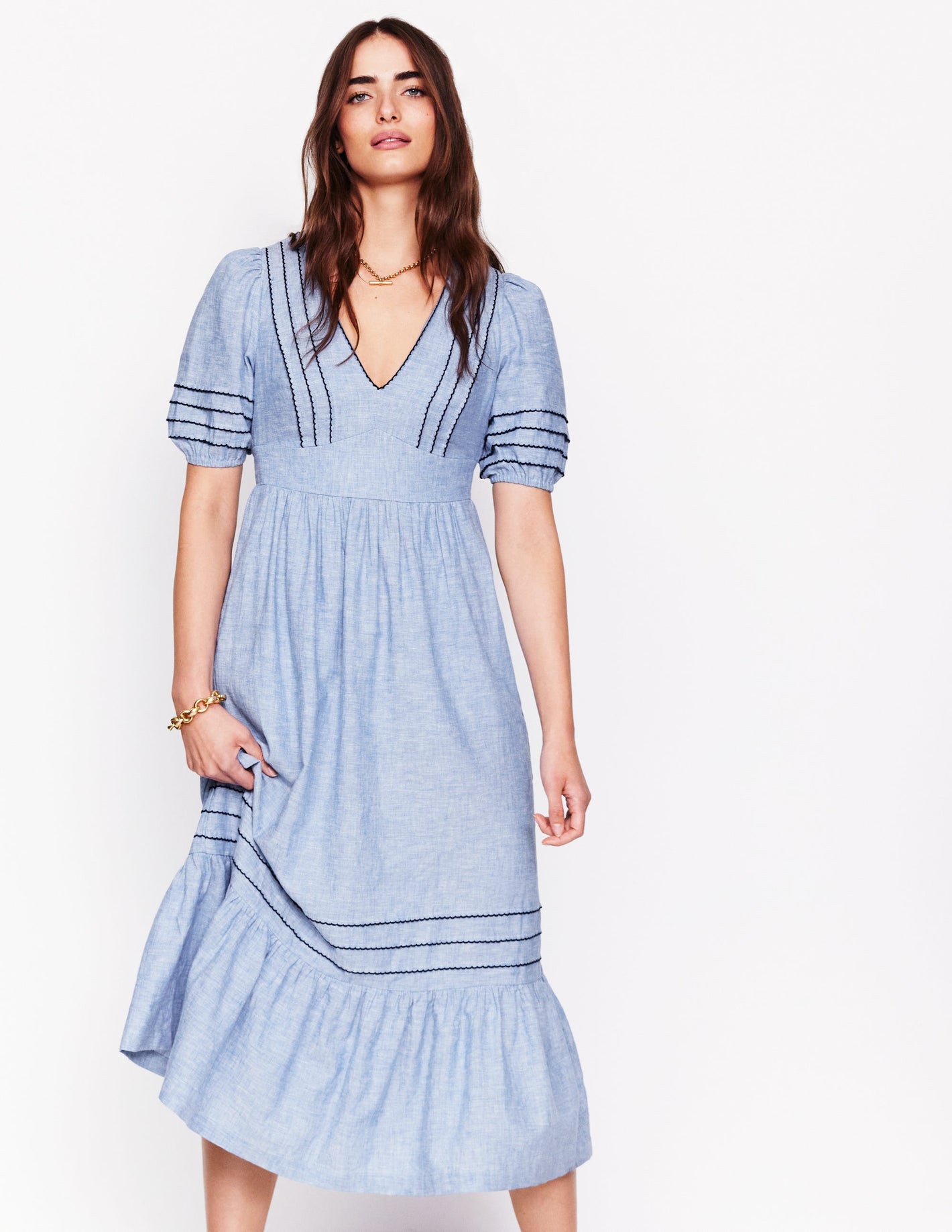 Smocked Waist Linen Dress-Grey Blue Chambray