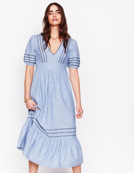 Smocked Waist Linen Dress-Grey Blue Chambray