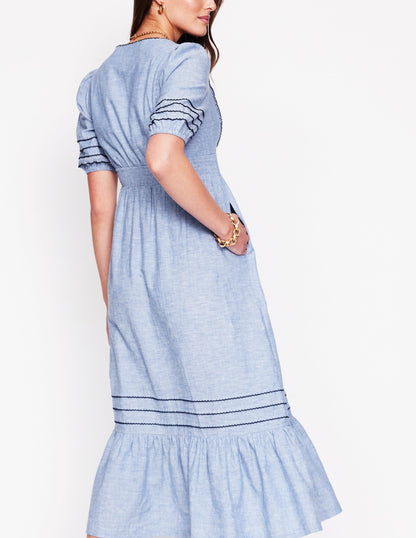 Smocked Waist Linen Dress-Grey Blue Chambray