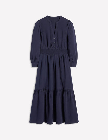 Elena Double Cloth Midi Dress-Navy