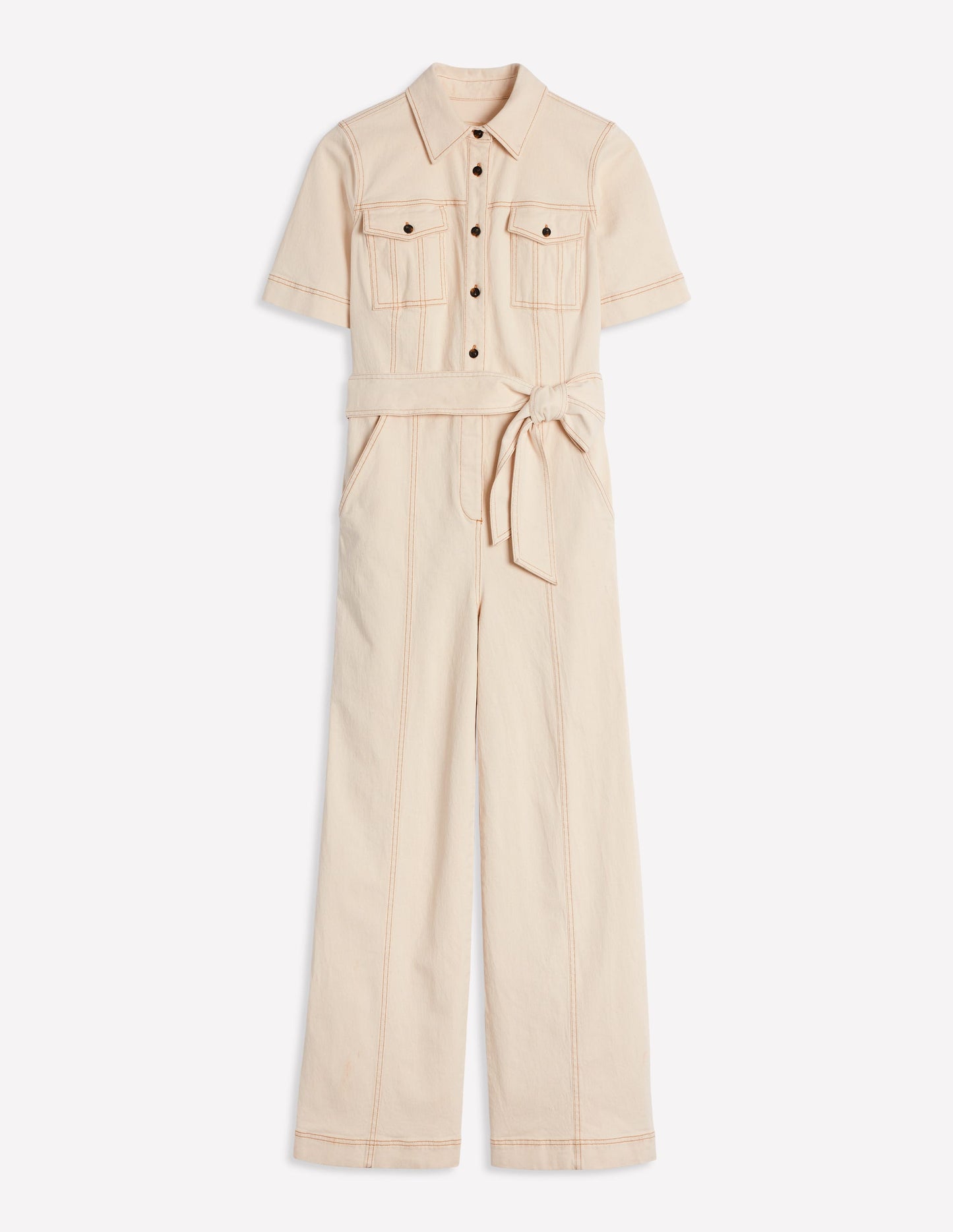 Short Sleeve Denim Jumpsuit-Ecru