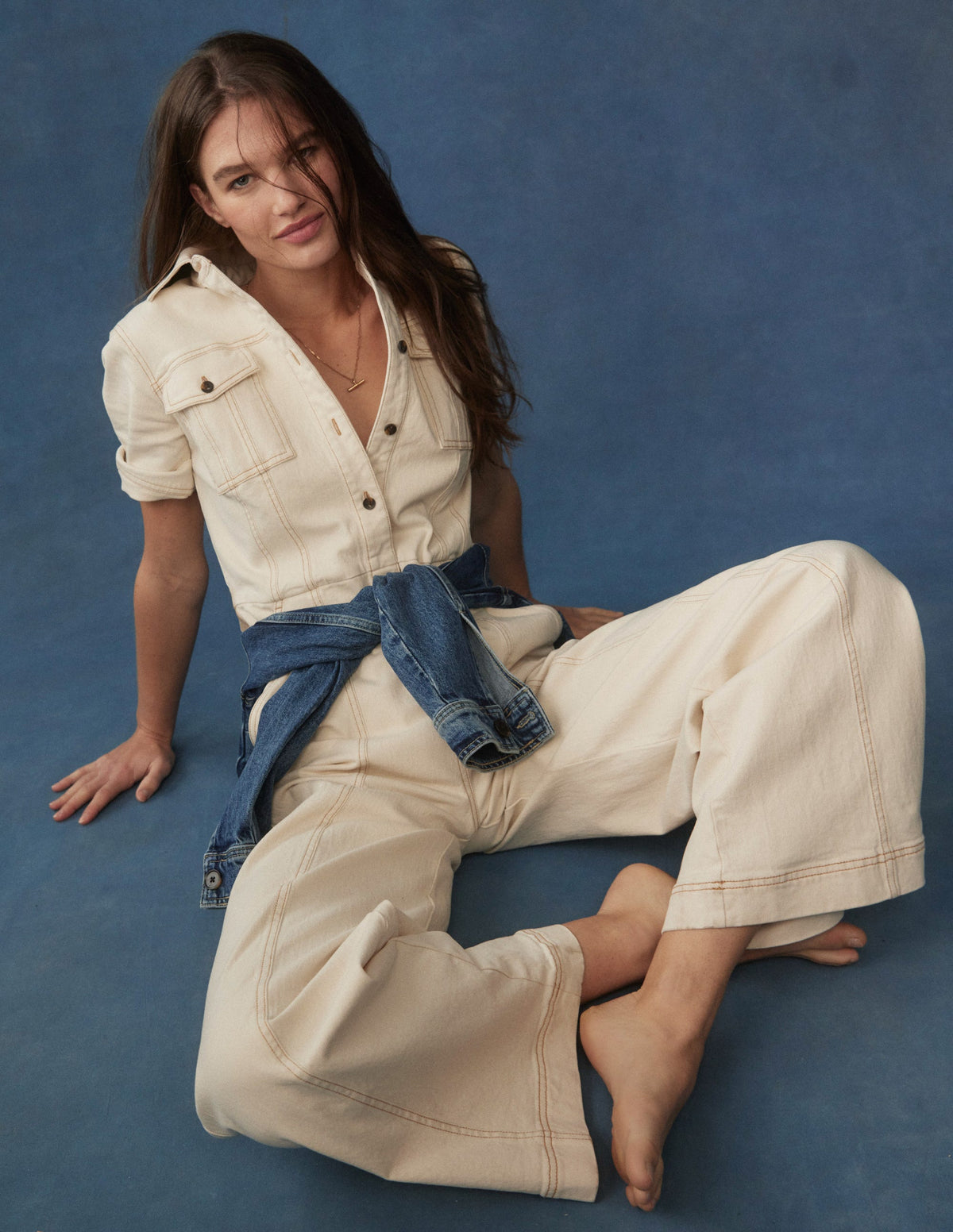 Short Sleeve Denim Jumpsuit-Ecru - Image 1