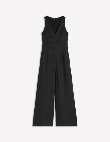 V-Neck Linen Jumpsuit-Black