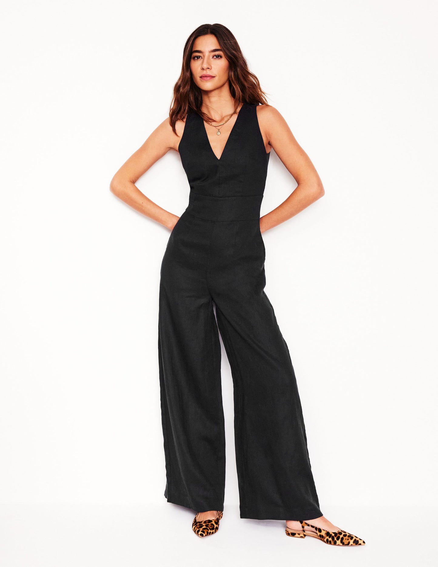 V-Neck Linen Jumpsuit-Black