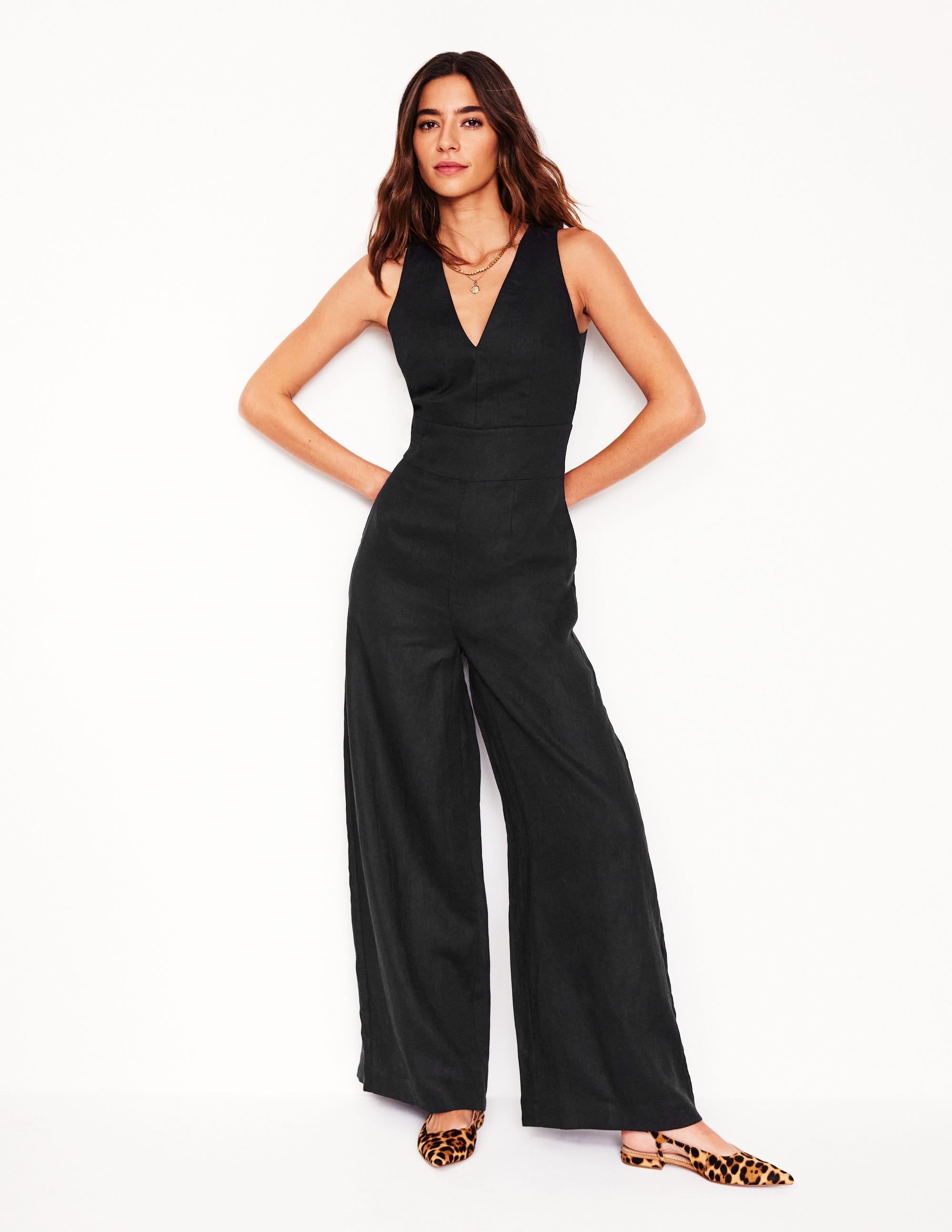 V-Neck Linen Jumpsuit-Black - Image 1
