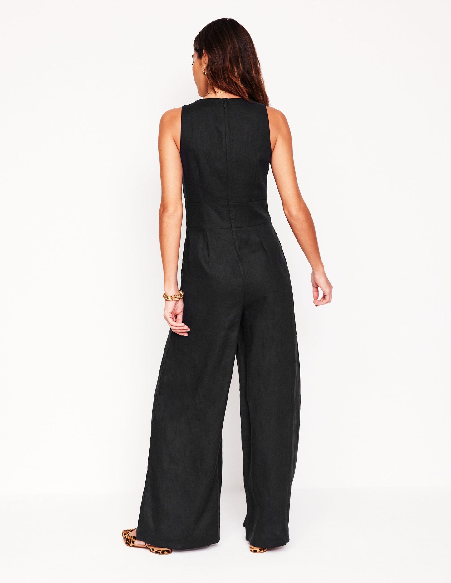 V-Neck Linen Jumpsuit-Black