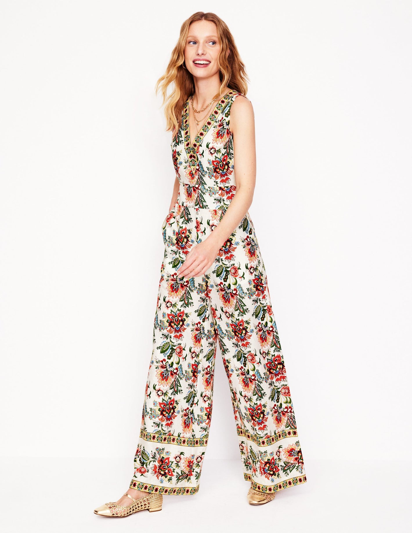 V-Neck Linen Jumpsuit-Ivory, Botanic Terrace