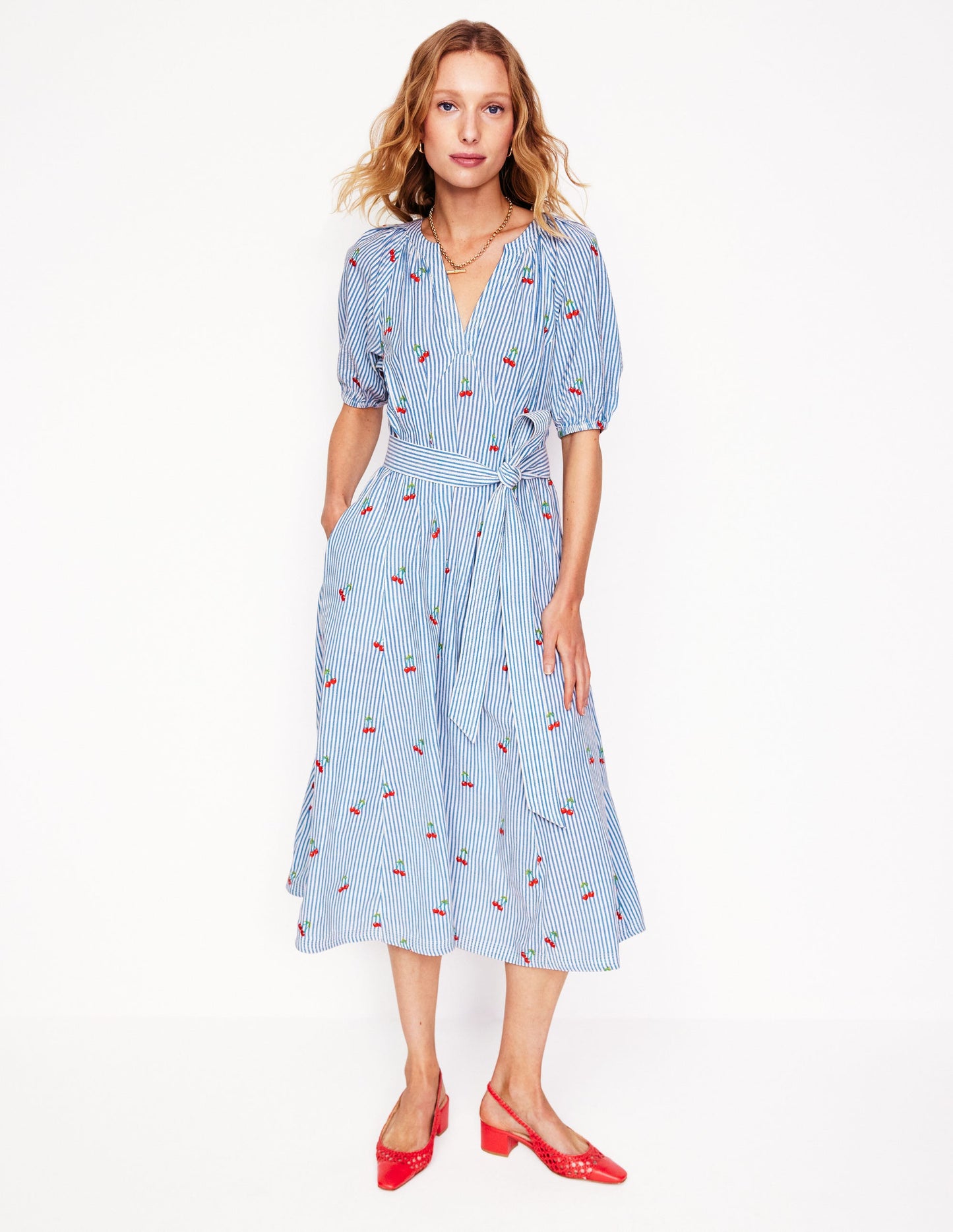 Cotton Embroidered Midi Dress-Cherries Embroidery