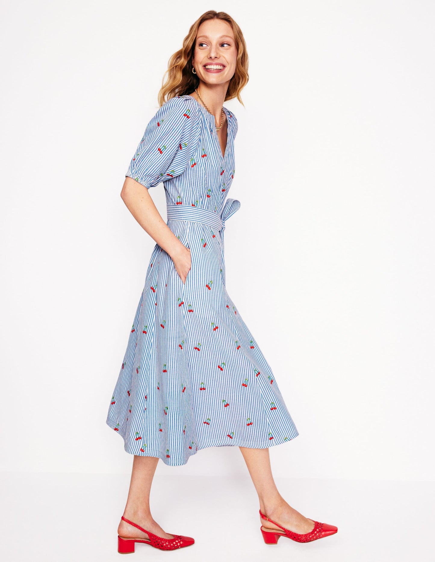 Cotton Embroidered Midi Dress-Cherries Embroidery