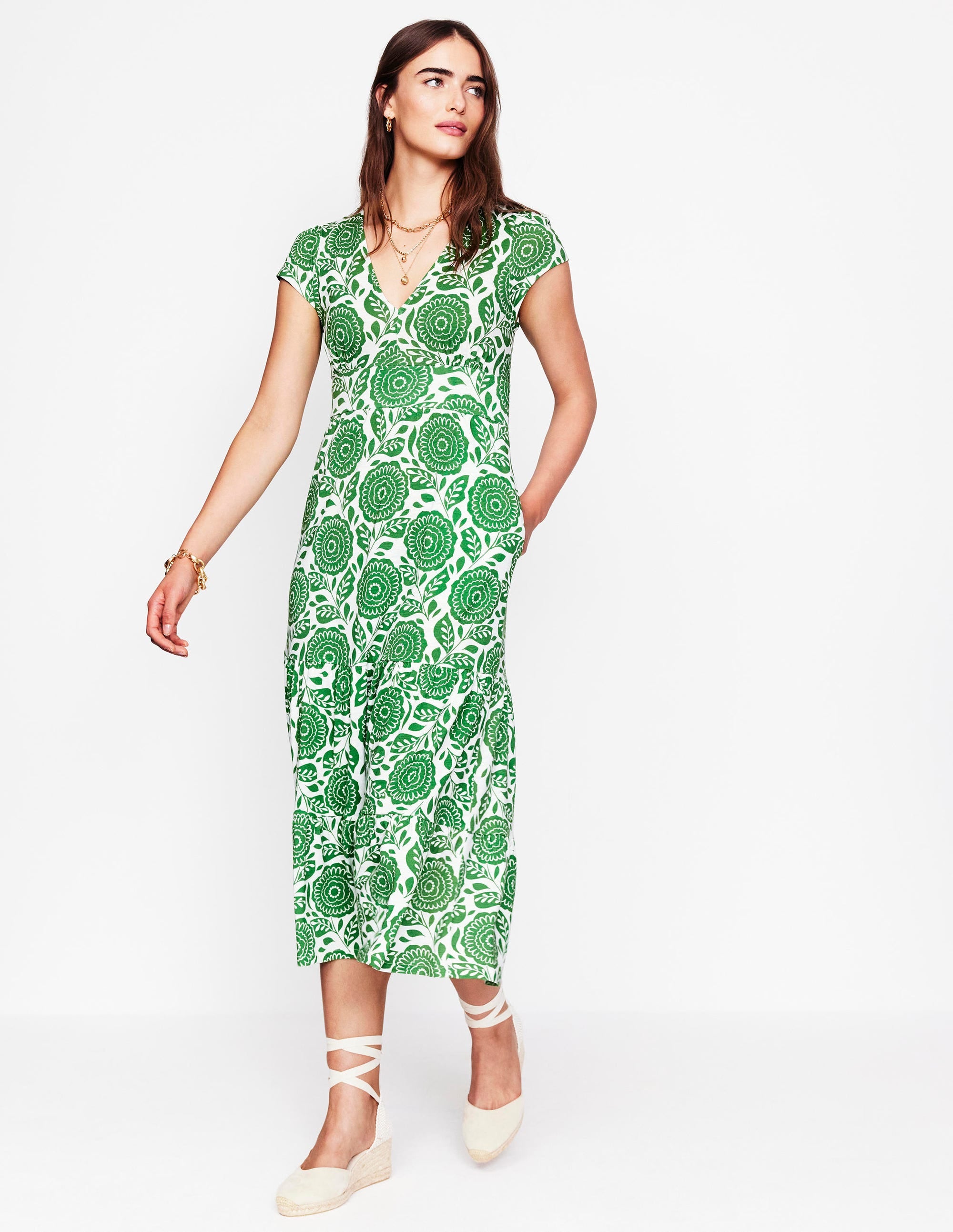 Eloise Tiered Jersey Dress-Paradise Green, Dahlia Stamp - Image 1