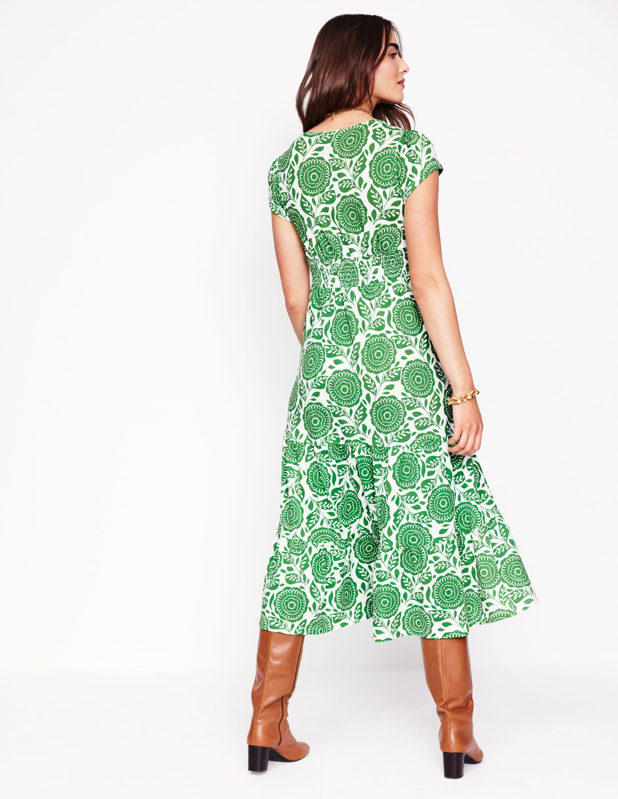 Eloise Tiered Jersey Dress-Paradise Green, Dahlia Stamp - Image 3