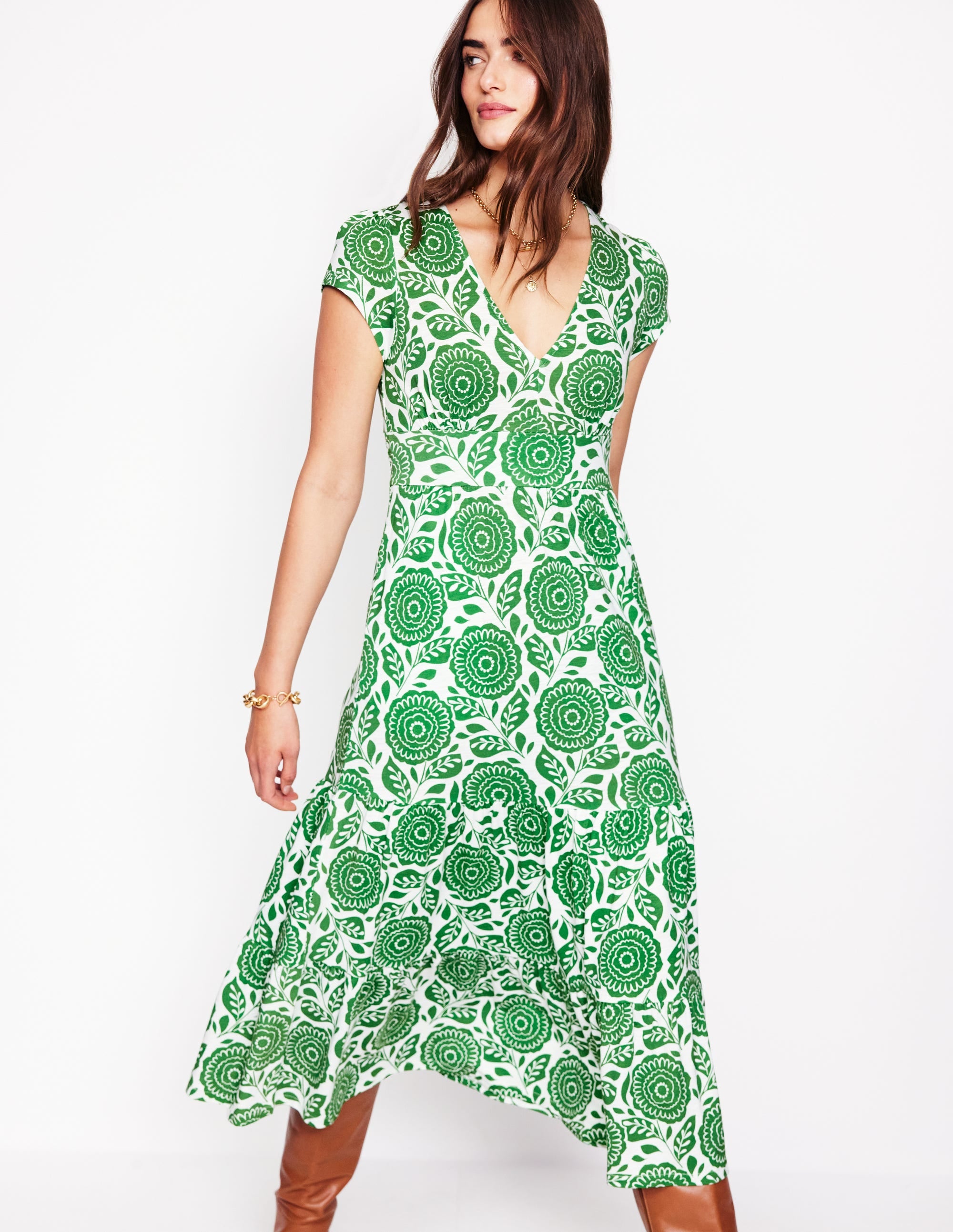 Eloise Tiered Jersey Dress-Paradise Green, Dahlia Stamp - Image 4