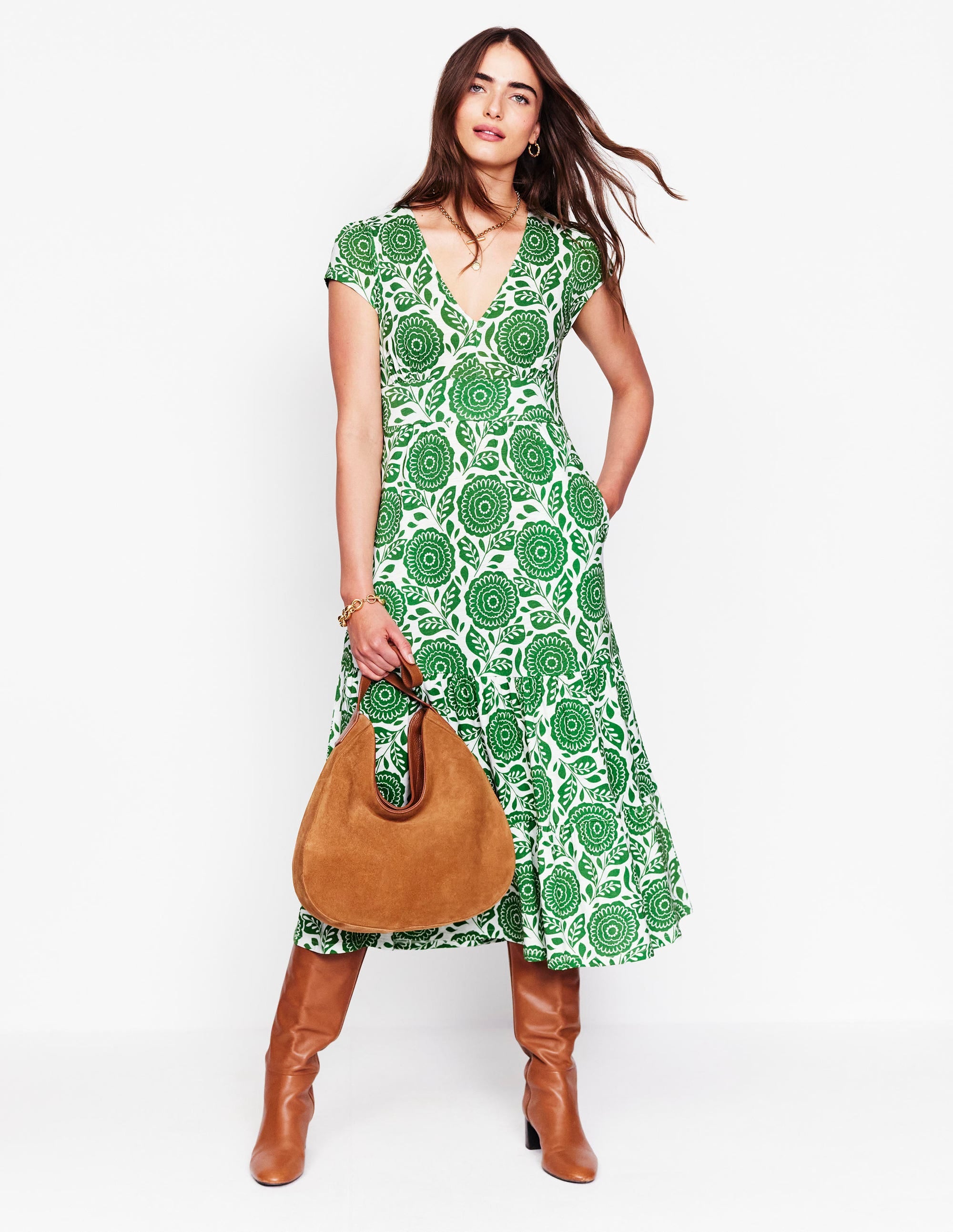 Eloise Tiered Jersey Dress-Paradise Green, Dahlia Stamp - Image 5