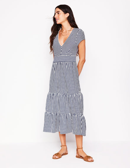 Eloise Tiered Jersey Dress-French Navy and Ivory Stripe