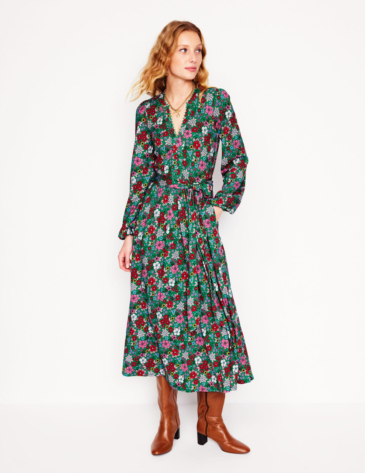 Maeve Trim Jersey Midi Dress-Rich Emerald, Blossom Scatter - Image 1