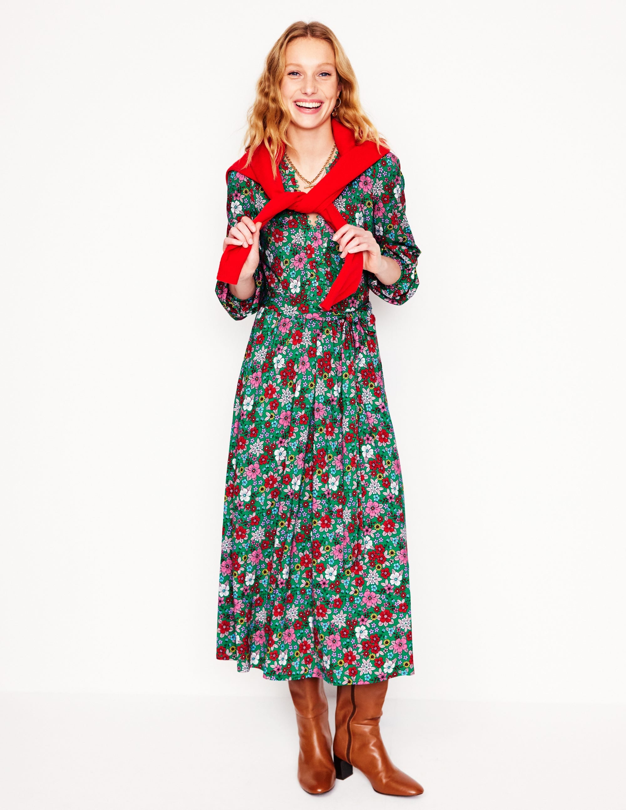 Maeve Trim Jersey Midi Dress-Rich Emerald, Blossom Scatter - Image 4