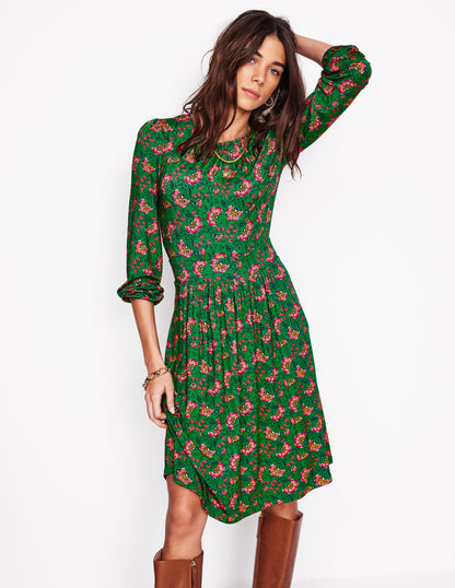 Alexandra Blouson Jersey Dress-Iguana Green, Decorative Vine