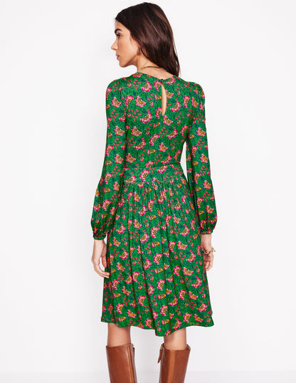 Alexandra Blouson Jersey Dress-Iguana Green, Decorative Vine