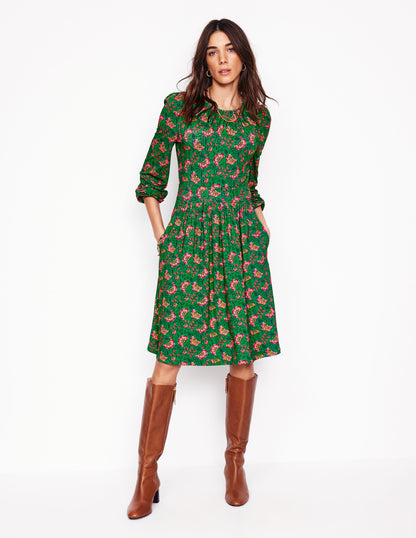 Alexandra Blouson Jersey Dress-Iguana Green, Decorative Vine