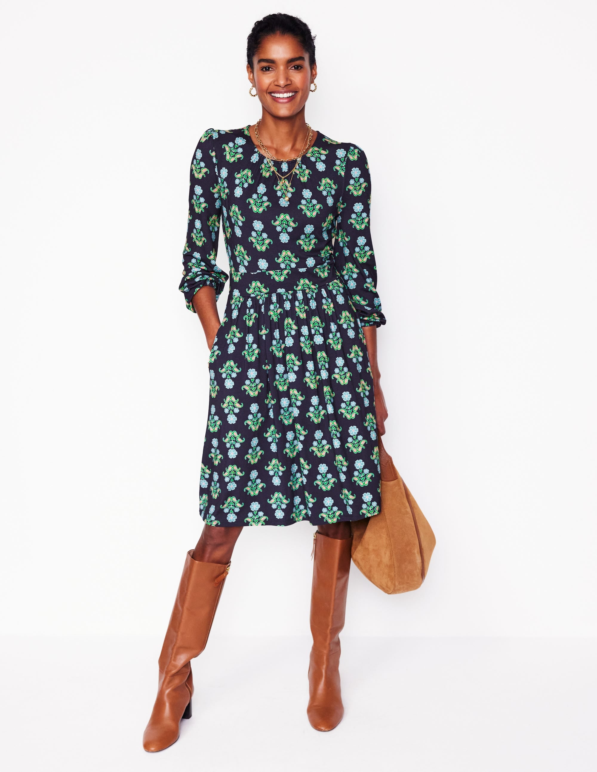 Alexandra Blouson Jersey Dress-French Navy, Pansy Stamp - Image 1