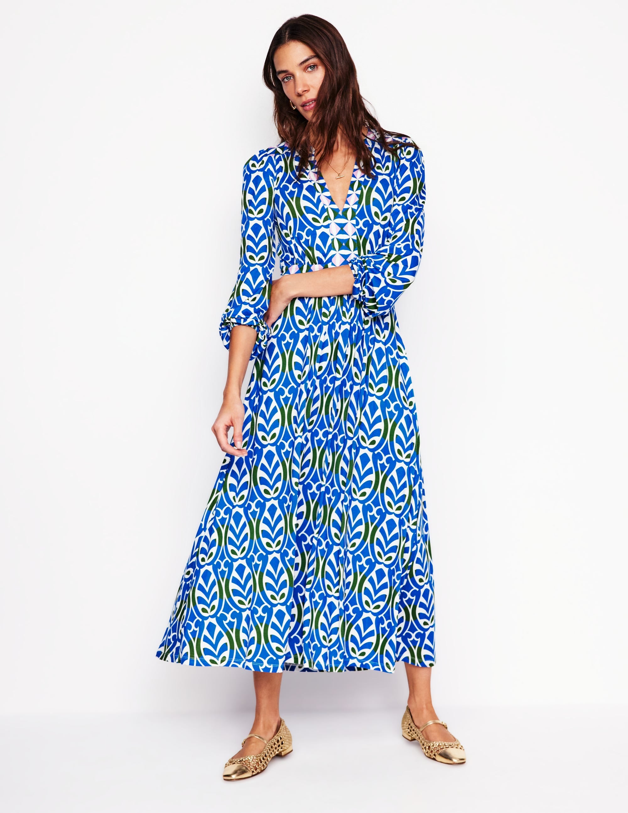 Lily Long Sleeve Midi Dress-Gallery Blue, Leaf Terrace - Image 1