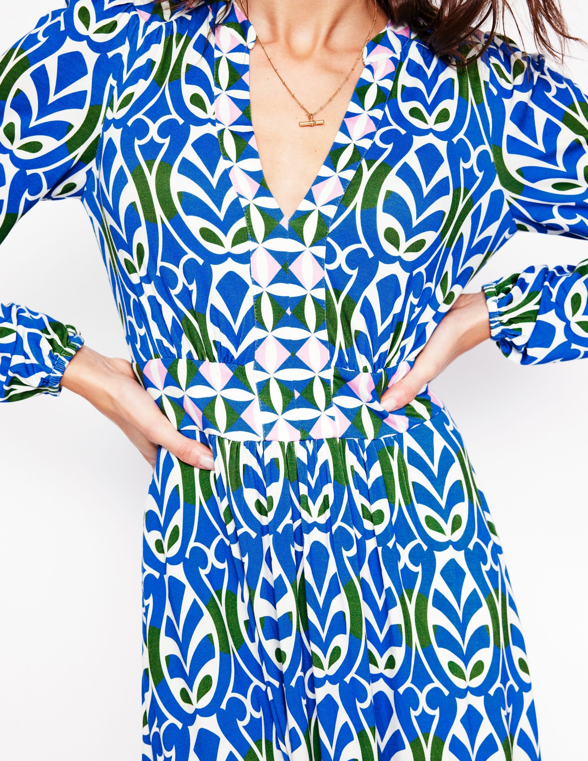 Lily Long Sleeve Midi Dress-Gallery Blue, Leaf Terrace - Image 4