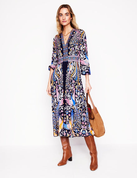 Lily Long Sleeve Midi Dress-French Navy,Enchanting Peacock