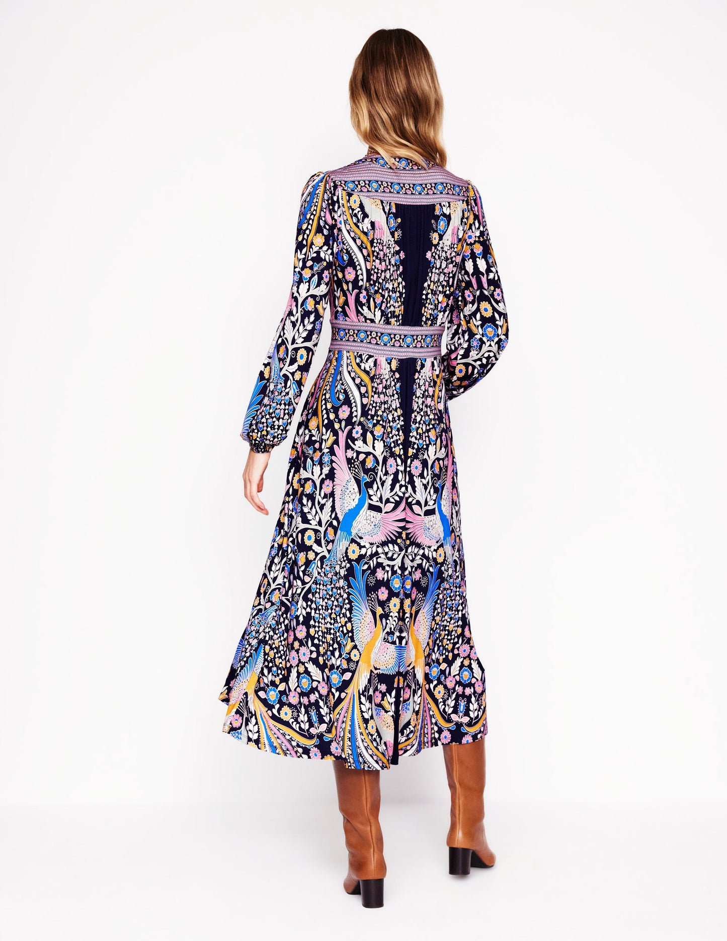 Lily Long Sleeve Midi Dress-French Navy,Enchanting Peacock