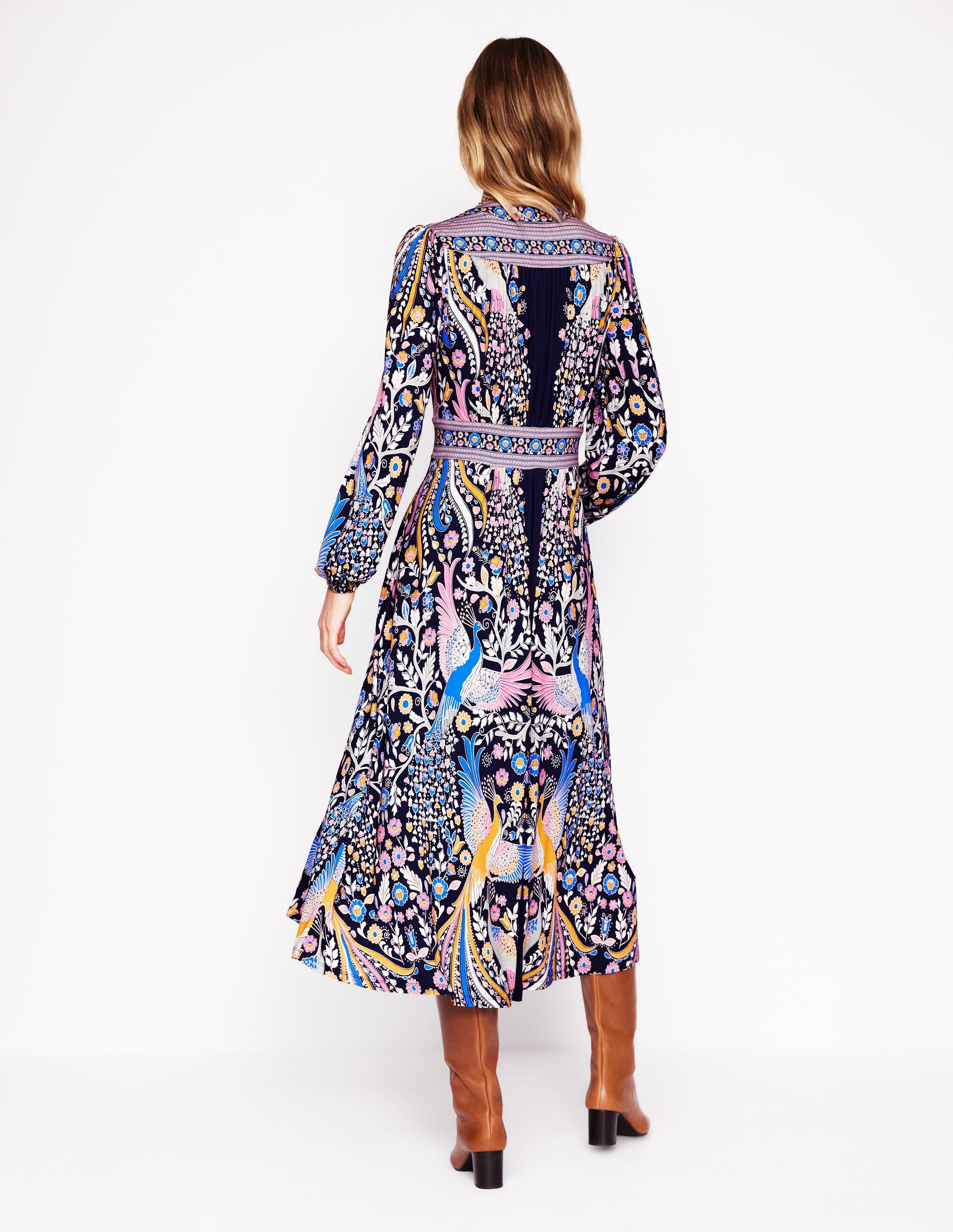 Lily Long Sleeve Midi Dress-French Navy,Enchanting Peacock - Image 4