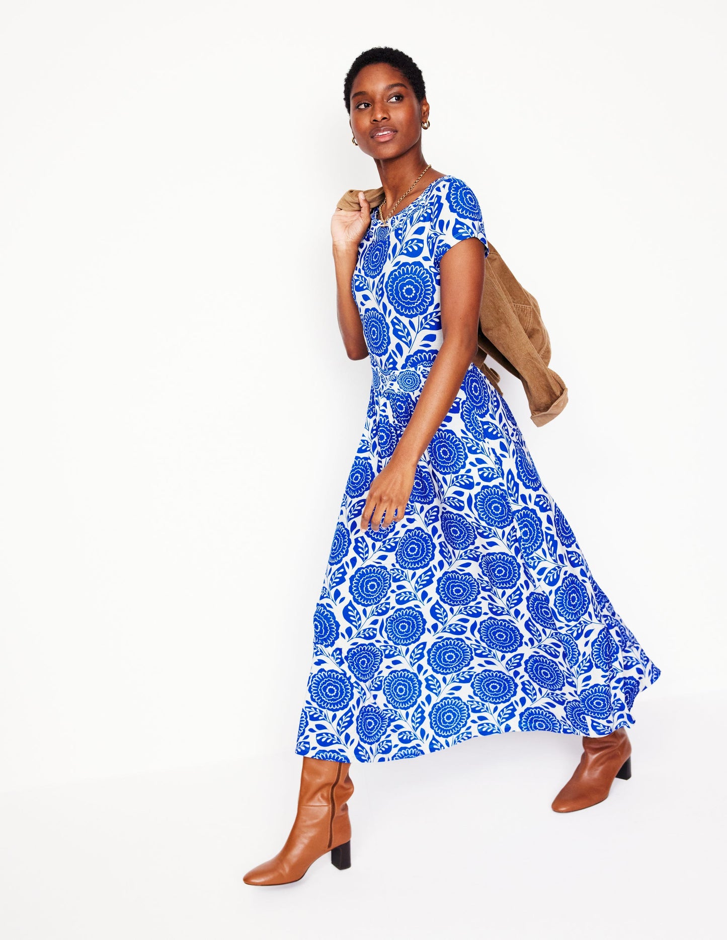 Melanie Jersey Midi Dress-Gallery Blue, Dahlia Stamp