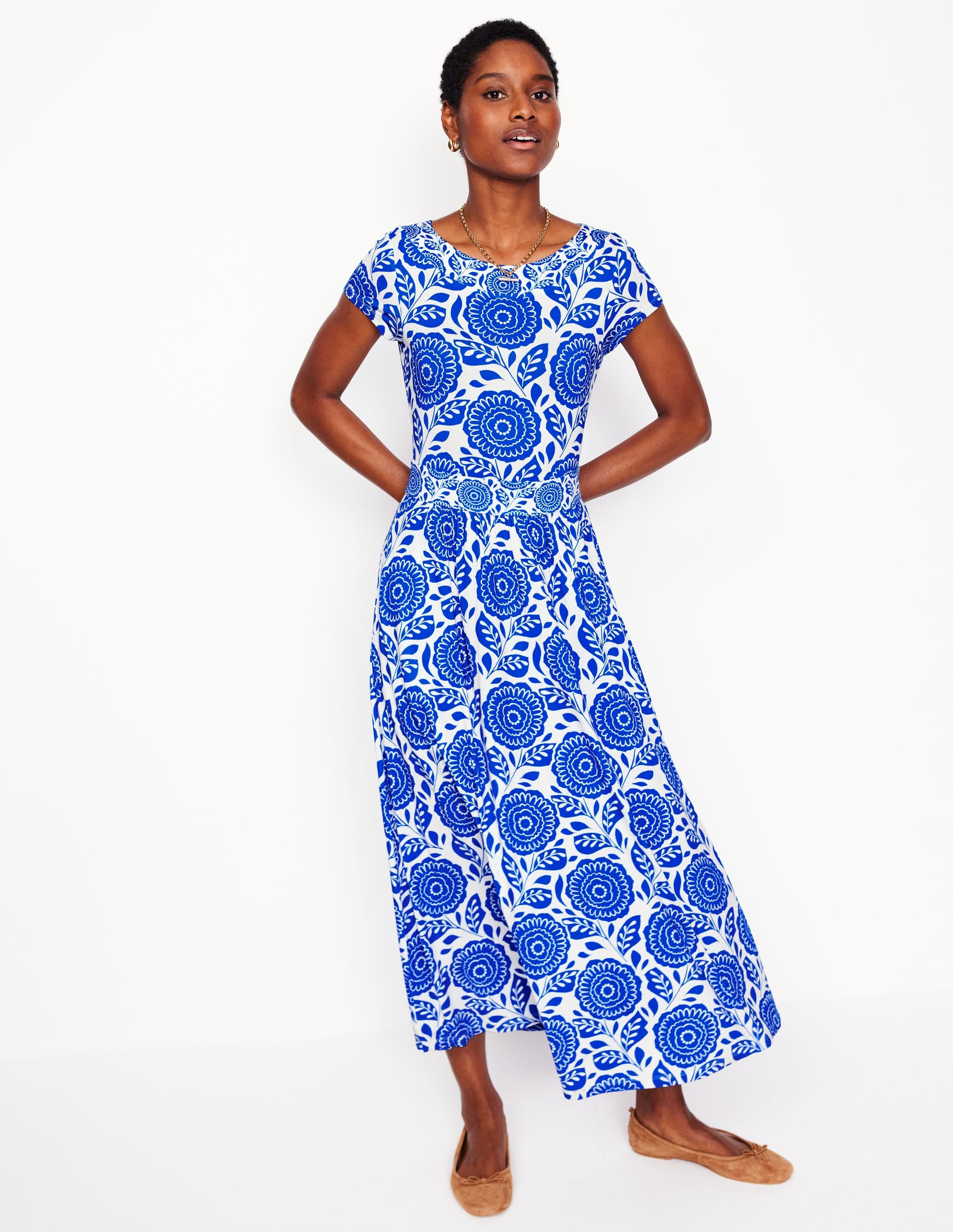 Melanie Jersey Midi Dress-Gallery Blue, Dahlia Stamp - Image 5