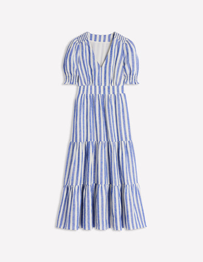 Anna Linen Tiered Midi Dress-Bright Blue Stripe