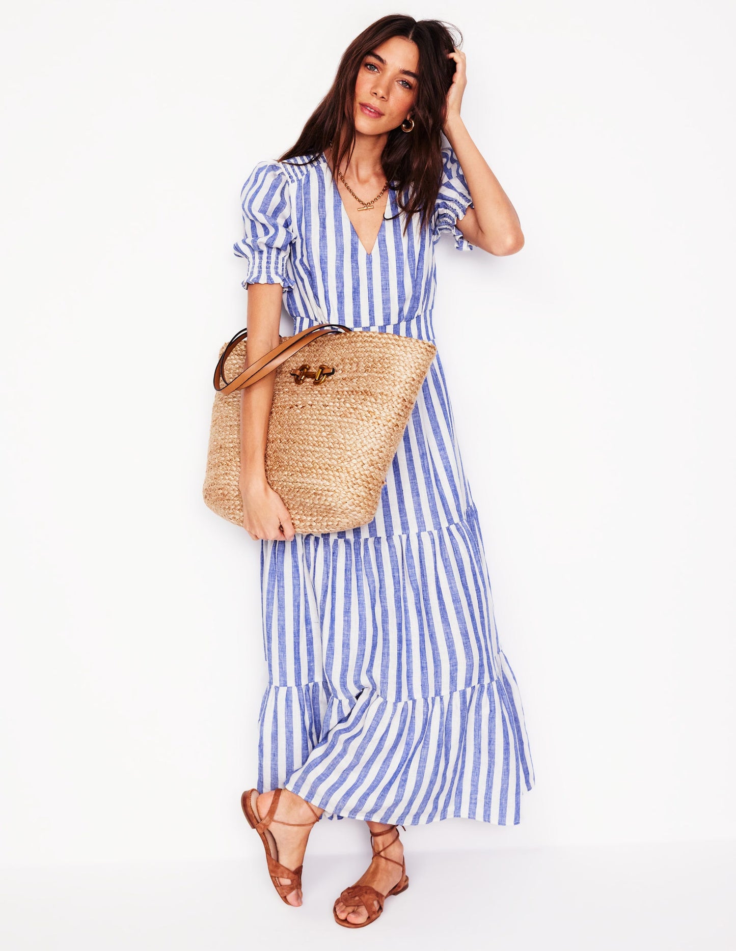 Anna Linen Tiered Midi Dress-Bright Blue Stripe