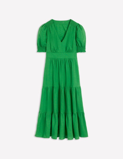 Anna Linen Tiered Midi Dress-Paradise Green