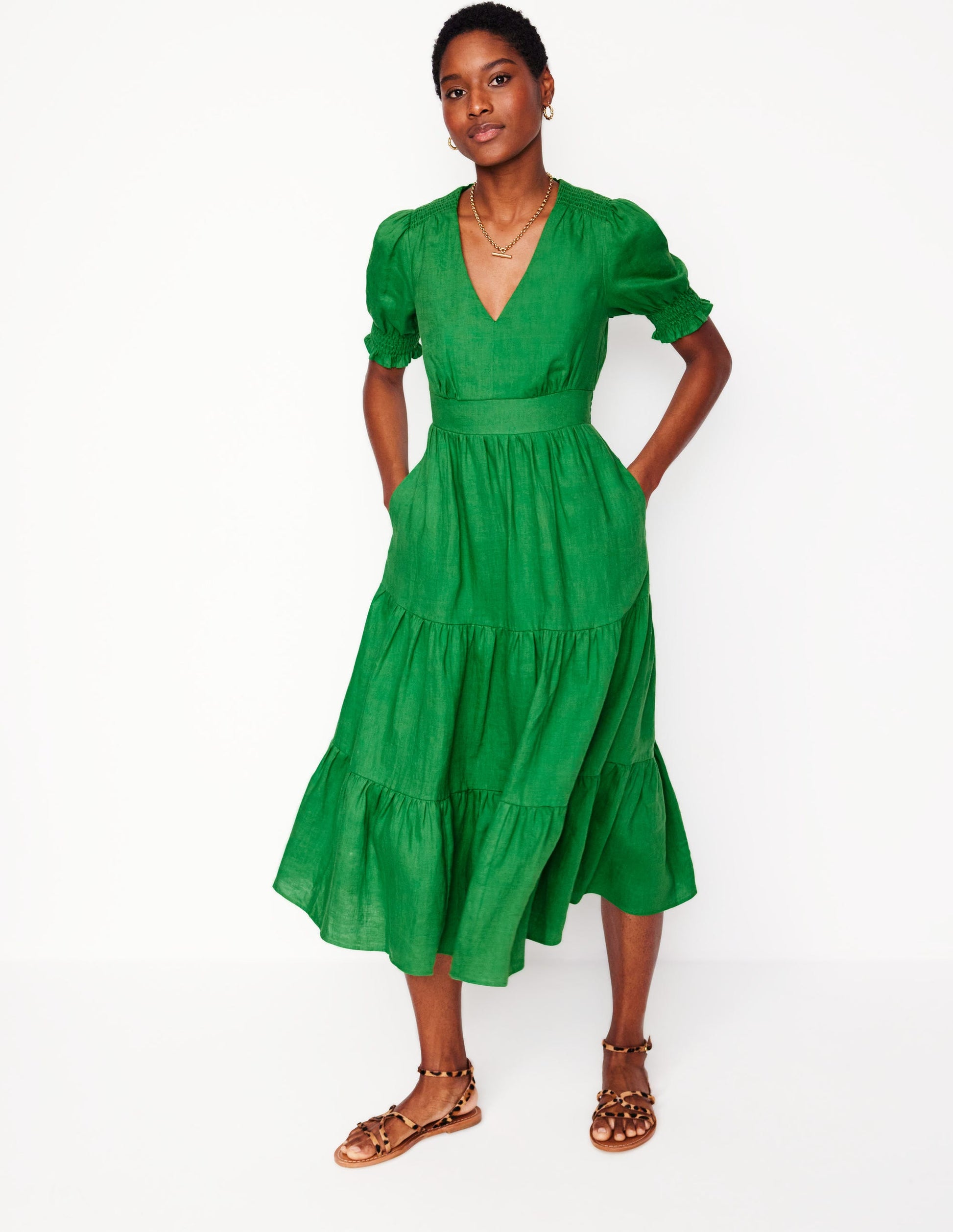 Anna Linen Tiered Midi Dress-Paradise Green Boden USA